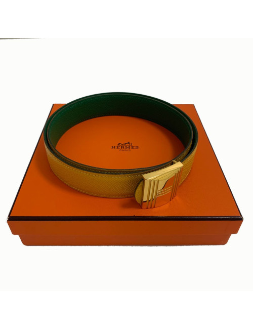 Ceinture T 84  HERMES réversible cuir epsom vert et jaune