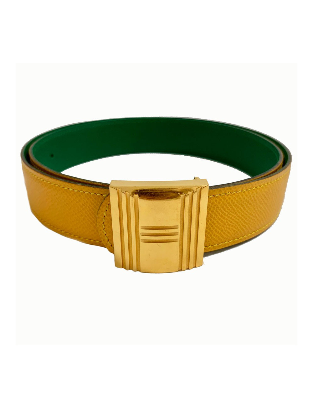 Ceinture HERMES réversible cuir epsom vert et jaune T84