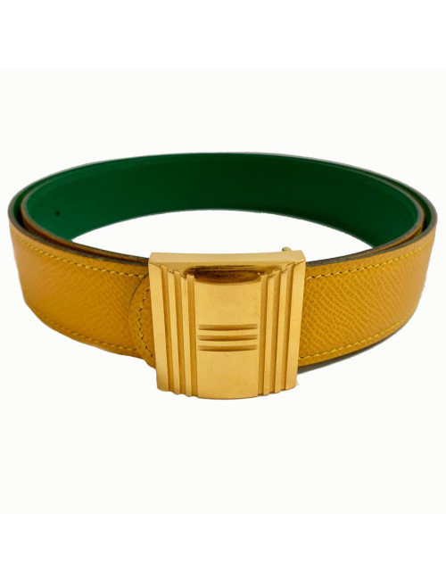 Ceinture T 84  HERMES réversible cuir epsom vert et jaune