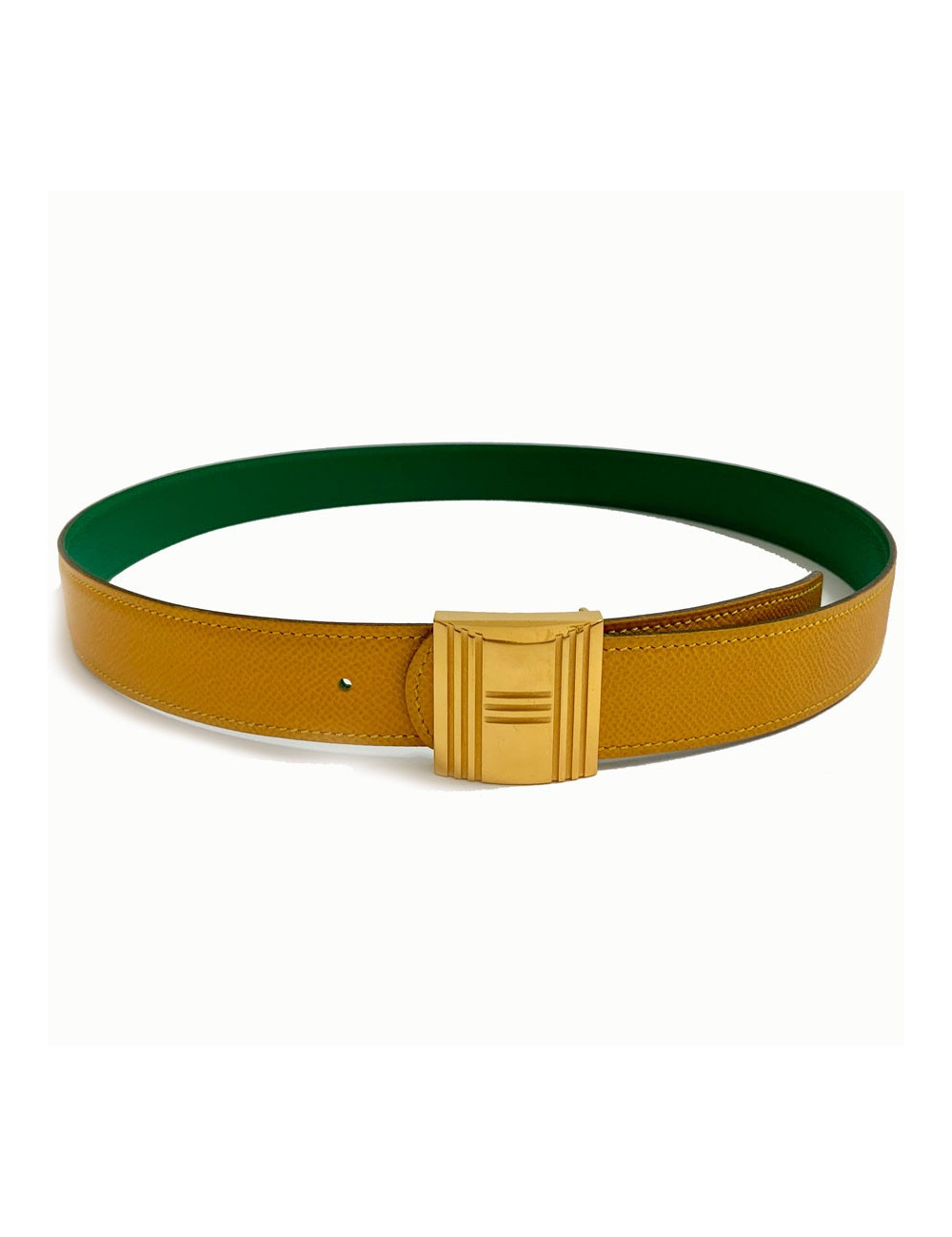 Ceinture HERMES réversible cuir epsom vert et jaune T84