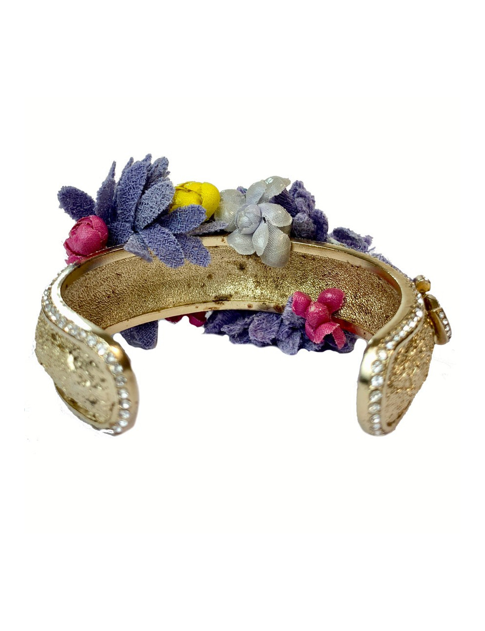 Bracelet CHANEL fleur en métal doré et tissu