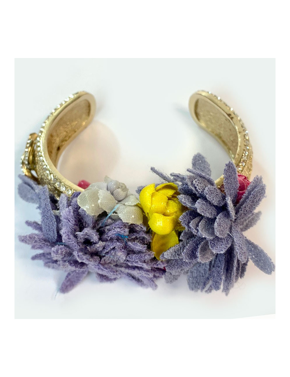 Bracelet CHANEL fleur en métal doré et tissu