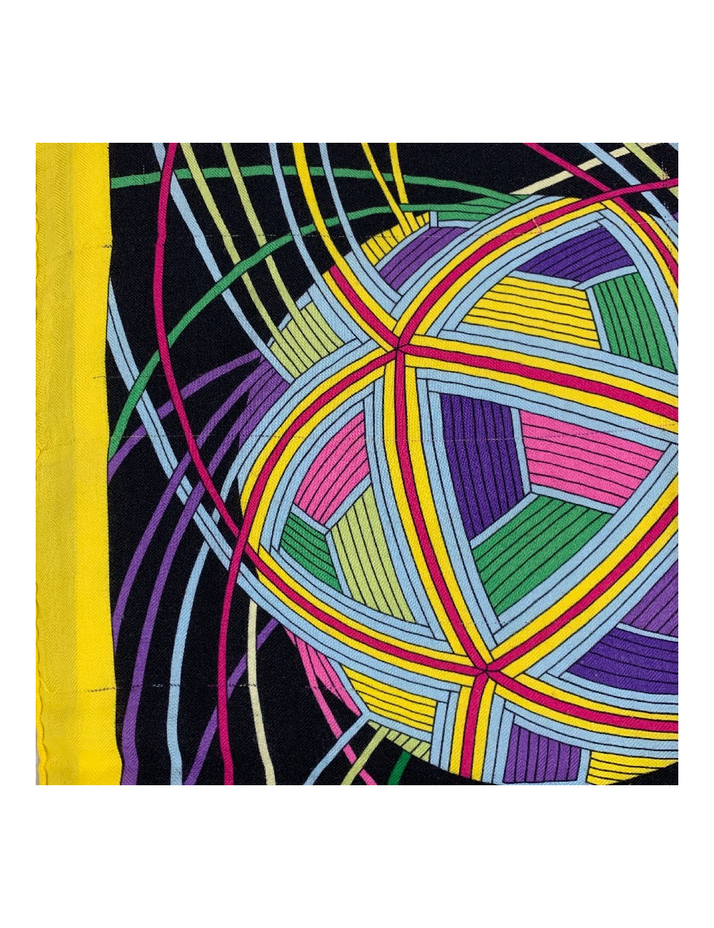 Châle HERMES 140 'L'Art du Temari' en cachemire et soie jaune