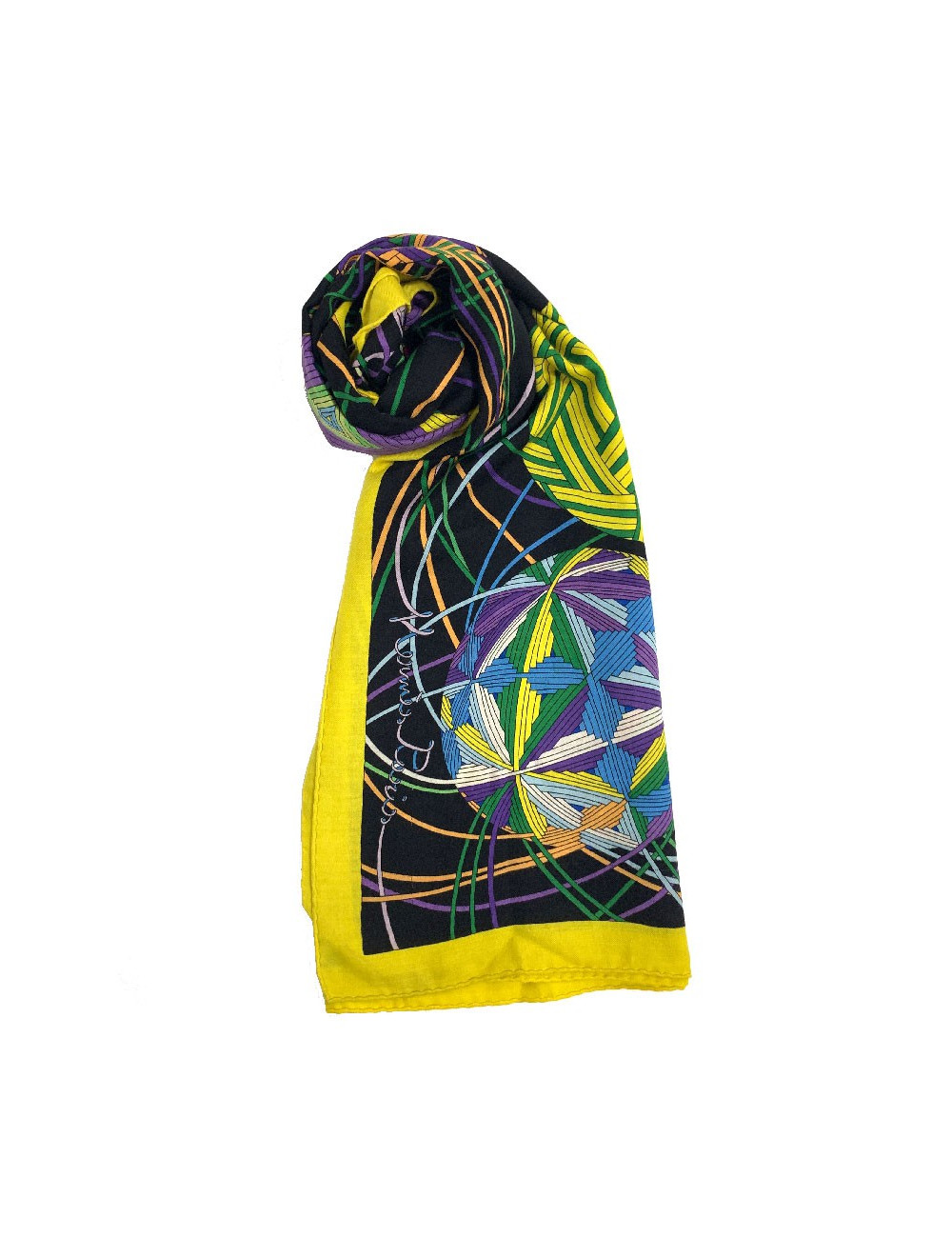 Châle HERMES 140 'L'Art du Temari' en cachemire et soie jaune