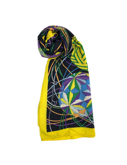 Châle HERMES 140 'L'Art du Temari' en cachemire et soie jaune