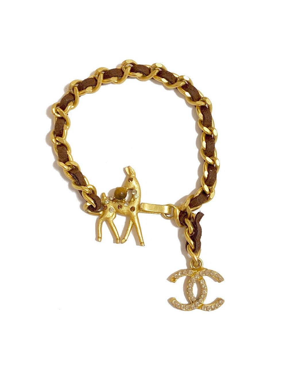 Bracelet CHANEL chaine dorée entrelacée de cuir marron Bambi