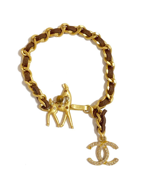 Bracelet CHANEL chaine dorée entrelacée de cuir marron Bambi