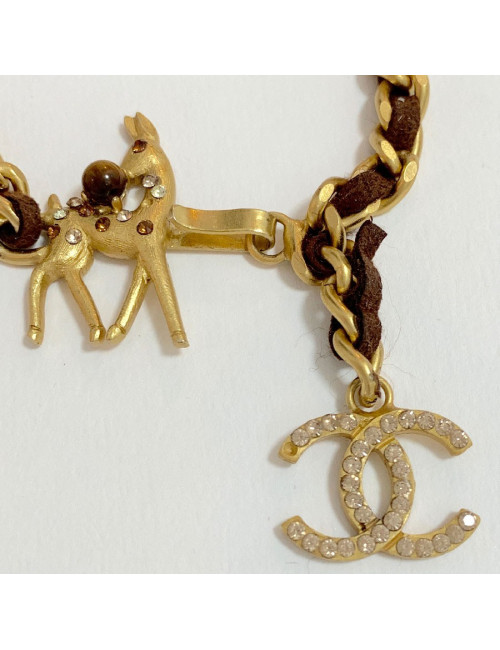 Bracelet CHANEL chaine dorée entrelacée de cuir marron Bambi