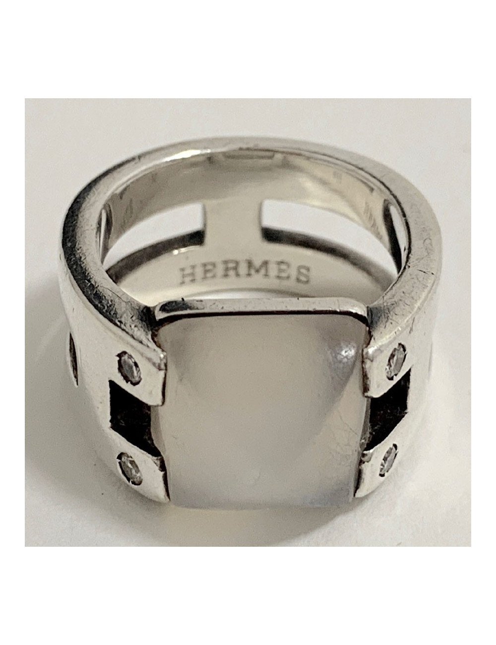 Bague HERMES pierre de lune T52 en argent massif 