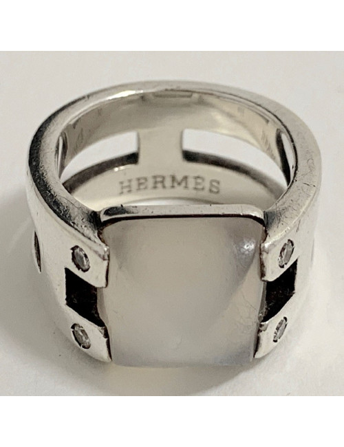 Bague HERMES pierre de lune T52 en argent massif 