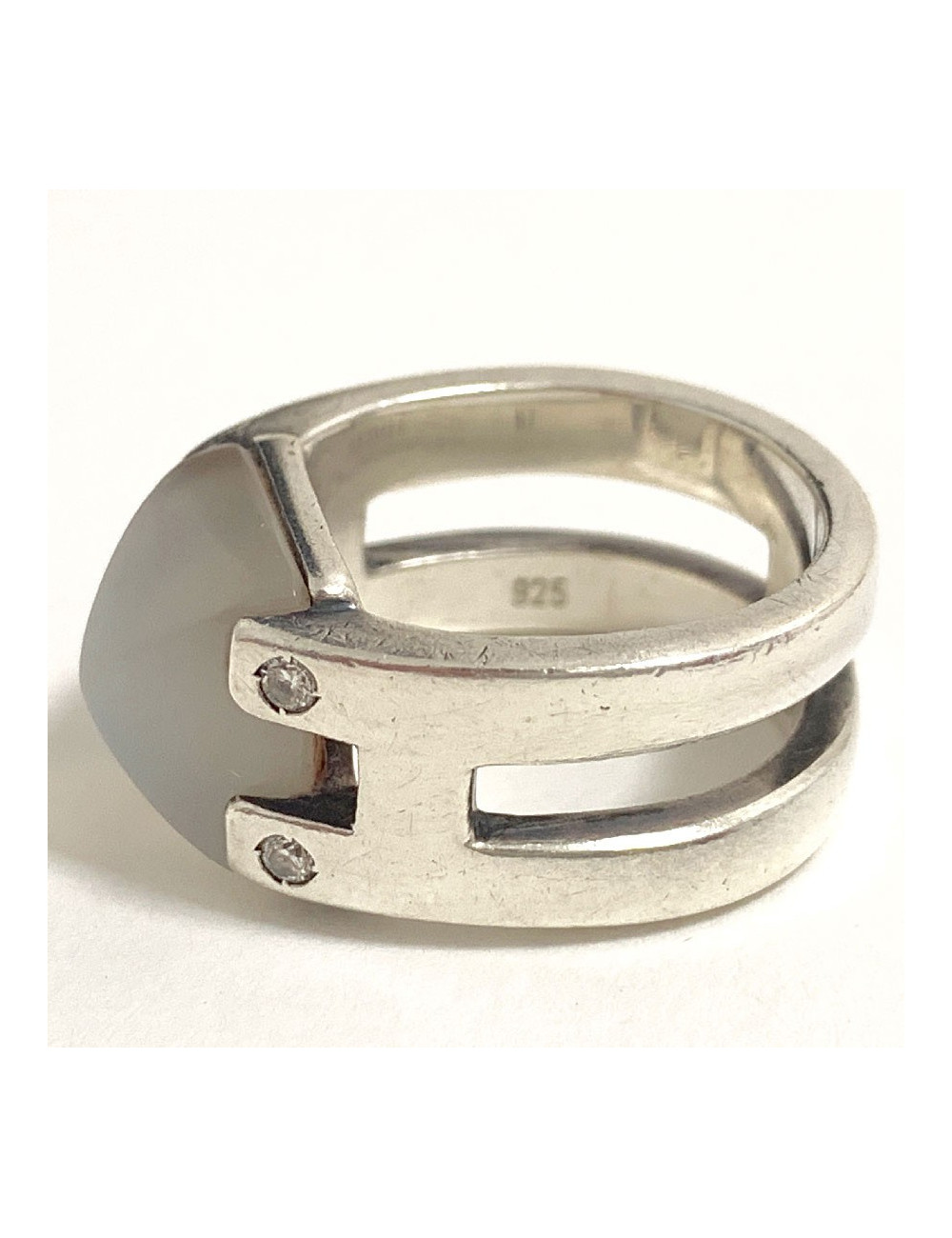 Bague HERMES pierre de lune T52 en argent massif 