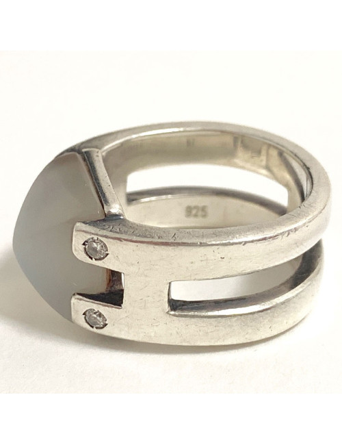 Bague HERMES pierre de lune T52 en argent massif 