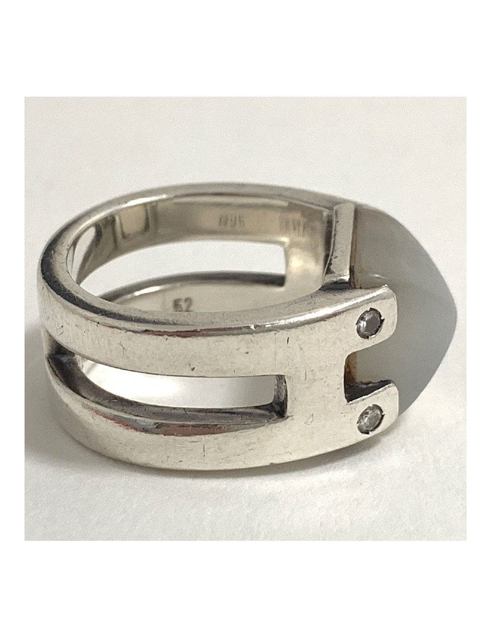 Bague HERMES pierre de lune T52 en argent massif 