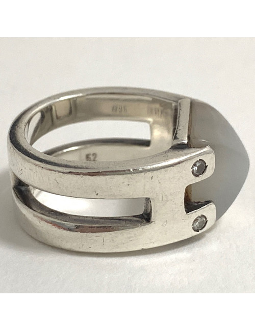 Bague HERMES pierre de lune T52 en argent massif 