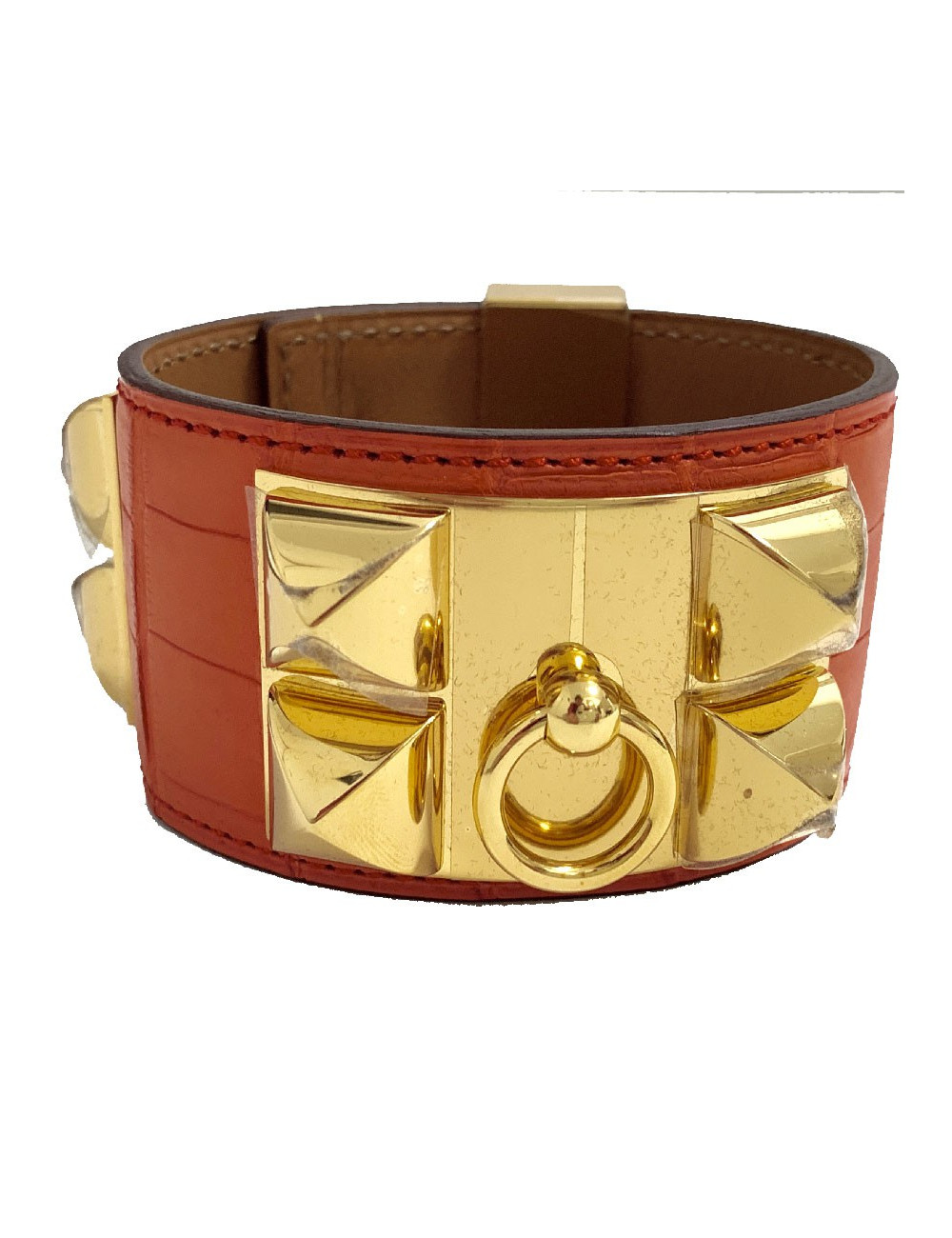 Manchette Médor HERMES crocodile orange métal dorée