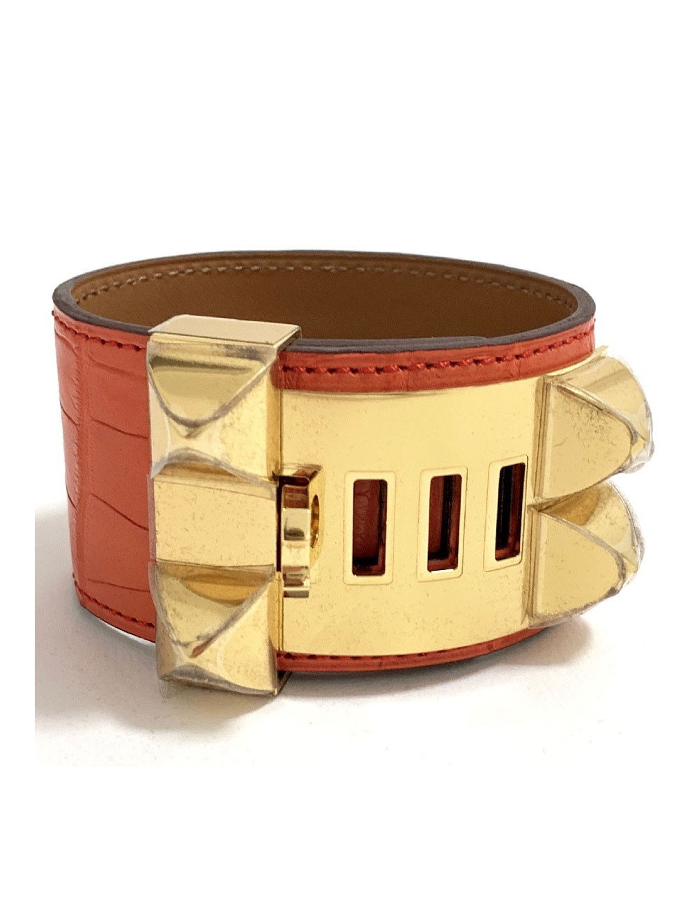 Manchette Médor HERMES crocodile orange métal dorée
