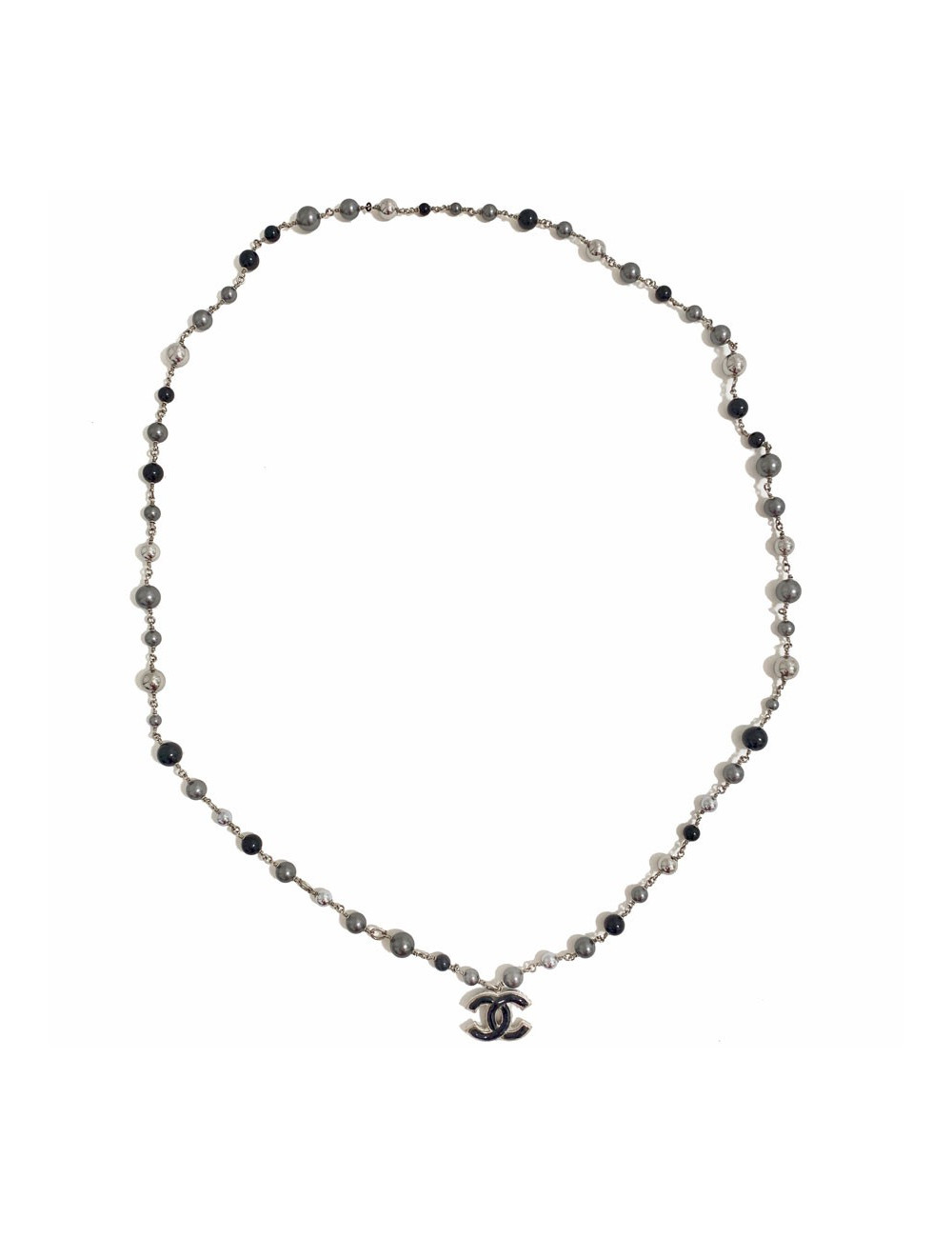 Sautoir CHANEL en perles grises, noires, argentées 