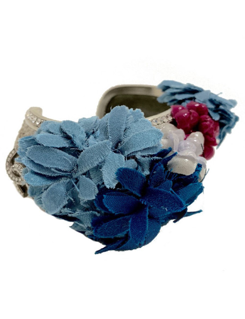 Bracelet CHANEL rigide argenté et fleurs en tissu