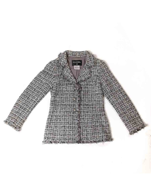 Veste T34 CHANEL en tweed gris avec fils blanc, rose et bleu