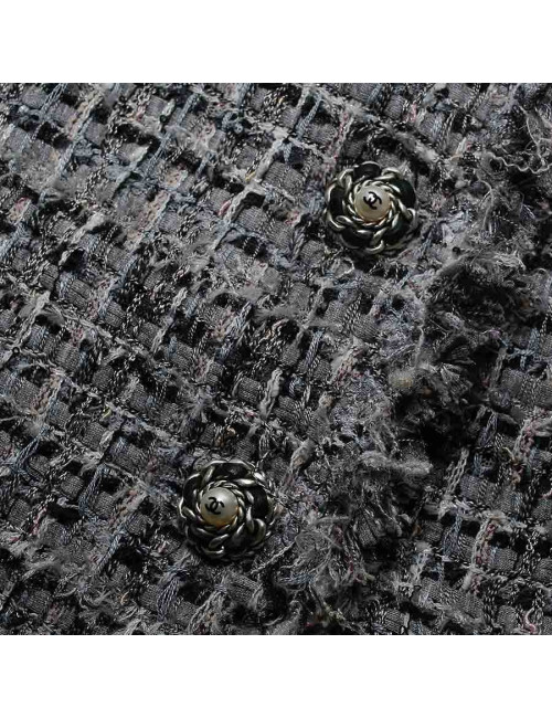 Veste T34 CHANEL en tweed gris avec fils blanc, rose et bleu