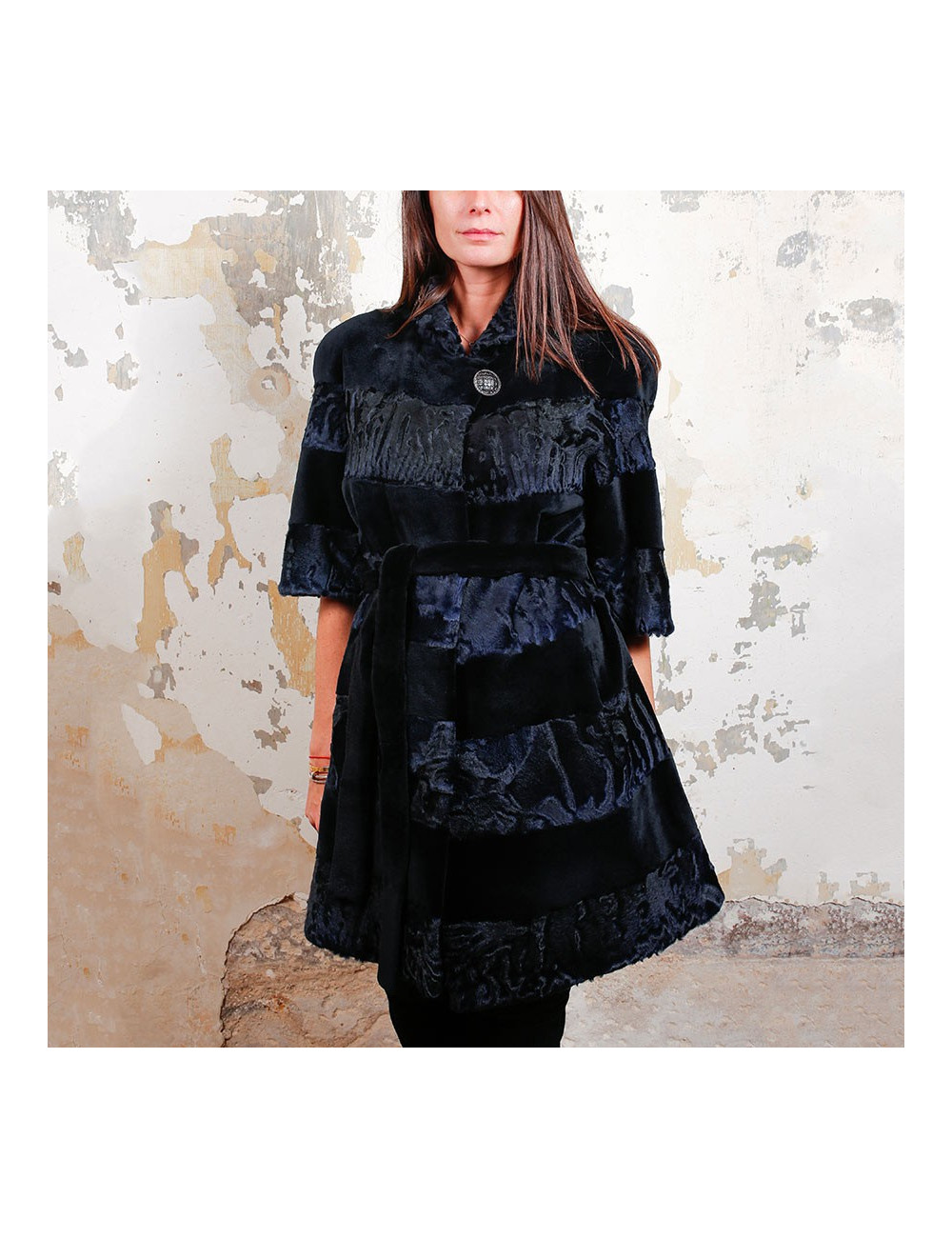 Manteau AGNES GERCAULT astrakan bleu marine et vison rasé noir