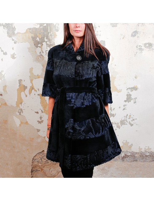 Manteau AGNES GERCAULT astrakan bleu marine et vison rasé noir