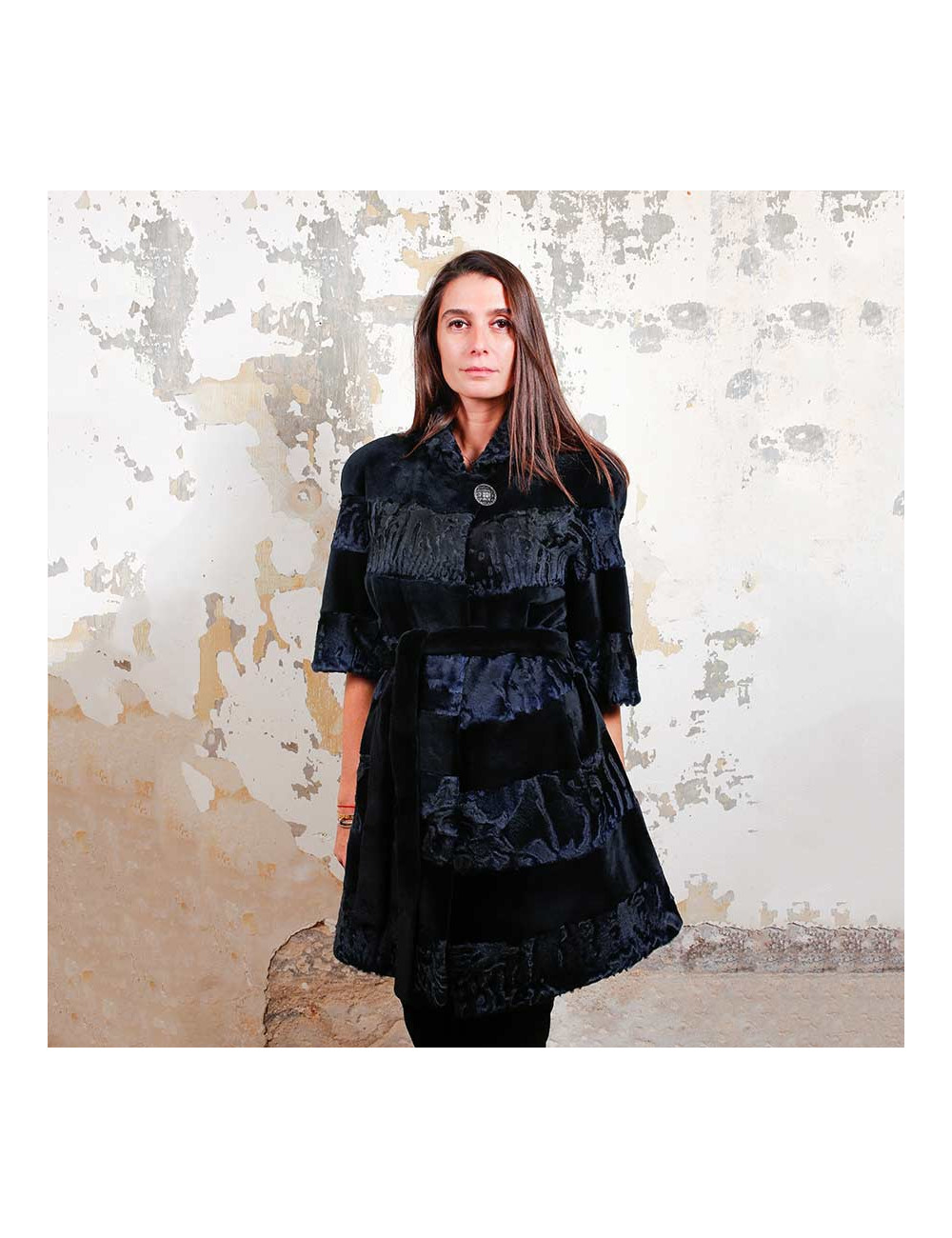 Manteau AGNES GERCAULT astrakan bleu marine et vison rasé noir