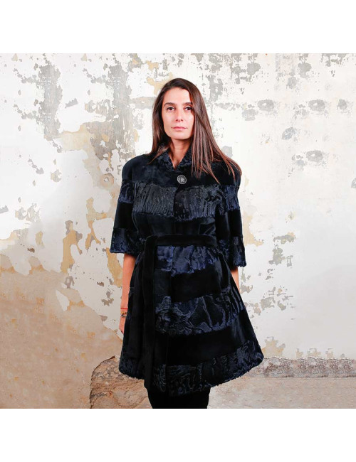 Manteau AGNES GERCAULT astrakan bleu marine et vison rasé noir