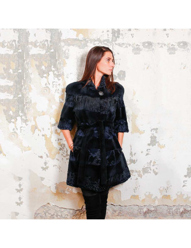 Manteau AGNES GERCAULT astrakan bleu marine et vison rasé noir