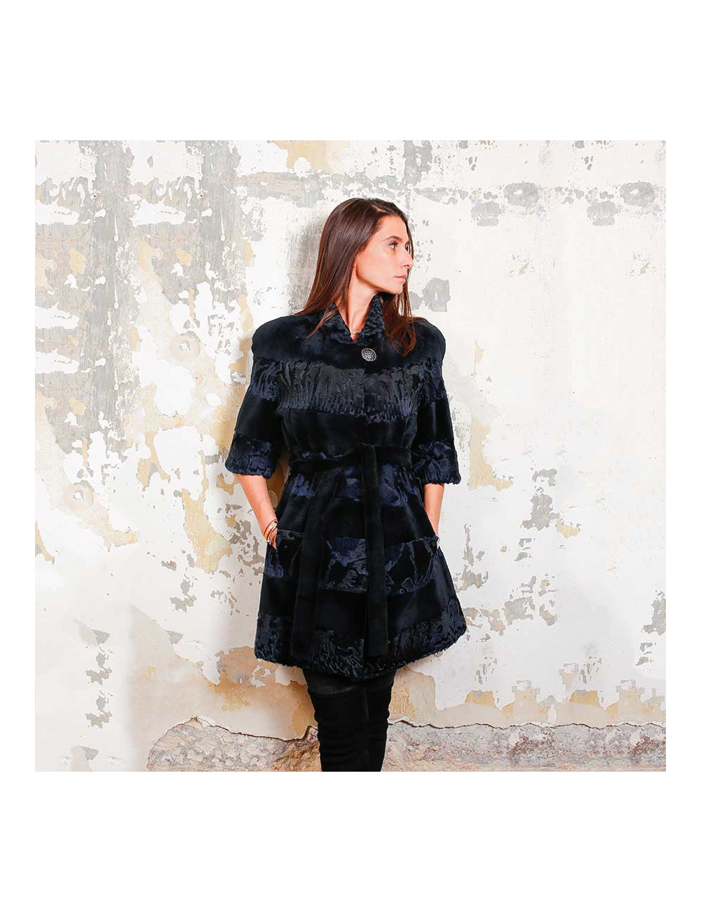 Manteau AGNES GERCAULT astrakan bleu marine et vison rasé noir