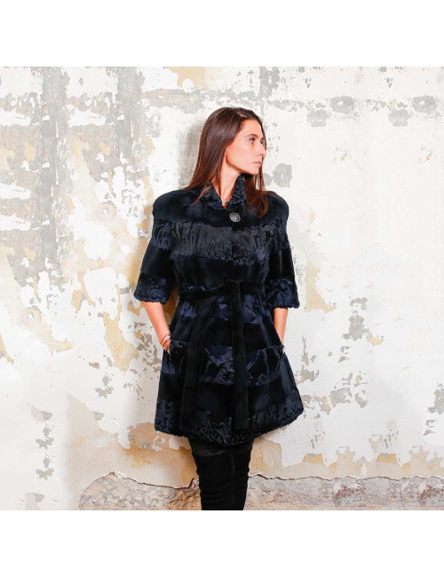 Manteau AGNES GERCAULT astrakan bleu marine et vison rasé noir