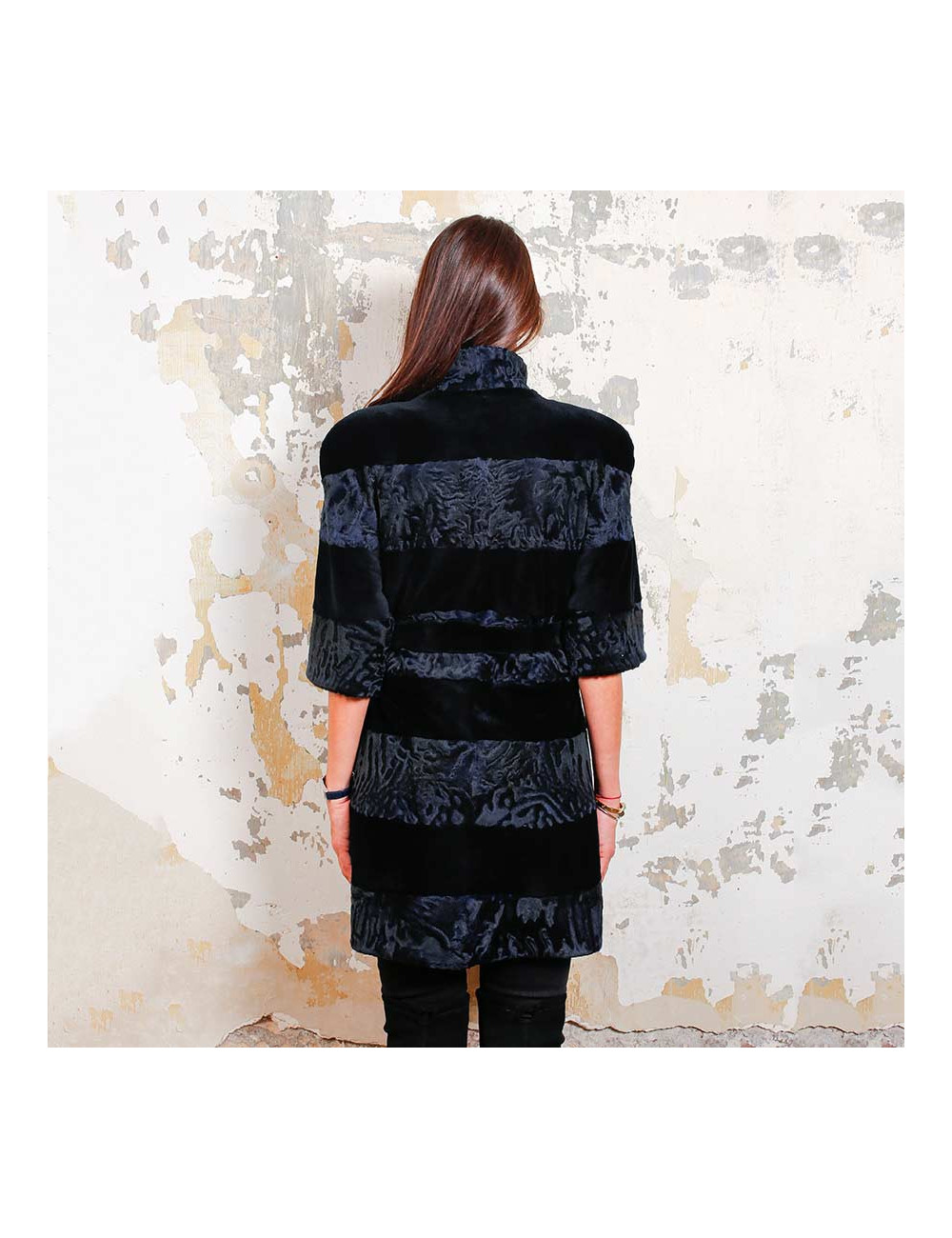 Manteau AGNES GERCAULT astrakan bleu marine et vison rasé noir