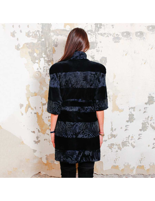 Manteau AGNES GERCAULT astrakan bleu marine et vison rasé noir