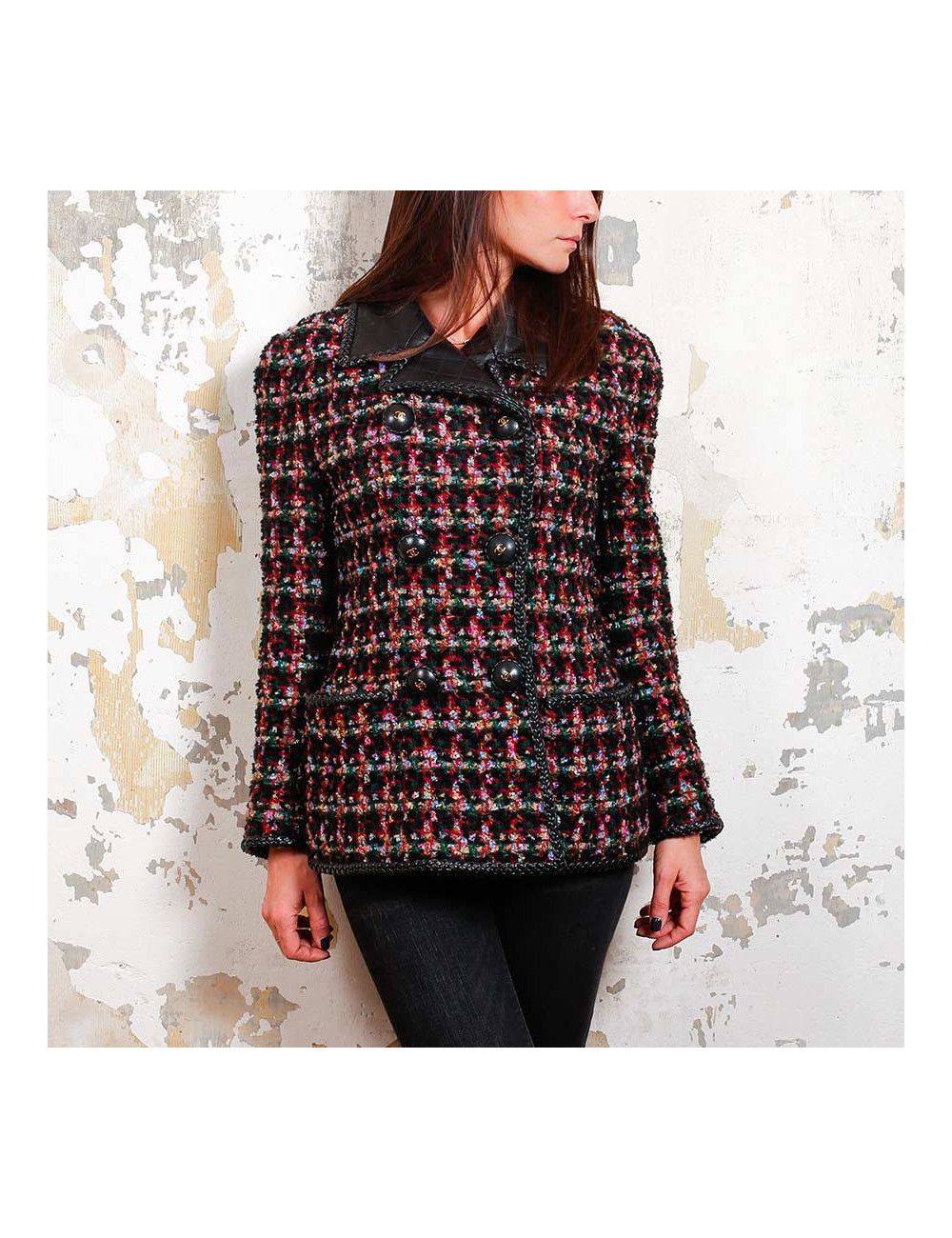 Veste T40 vintage CHANEL tweed et cuir