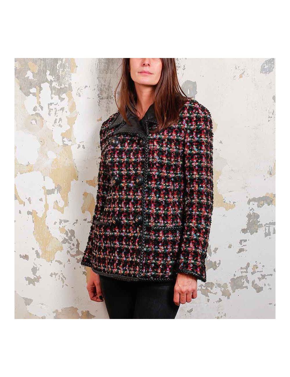 Veste T40 vintage CHANEL tweed et cuir