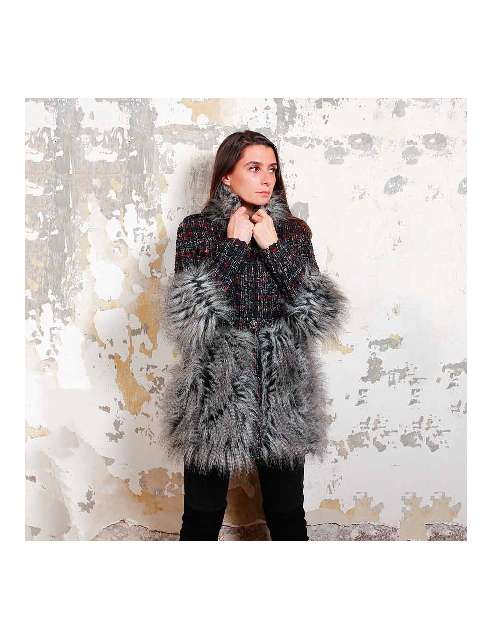 Veste T 36 CHAENL en tweed et fausse fourrure