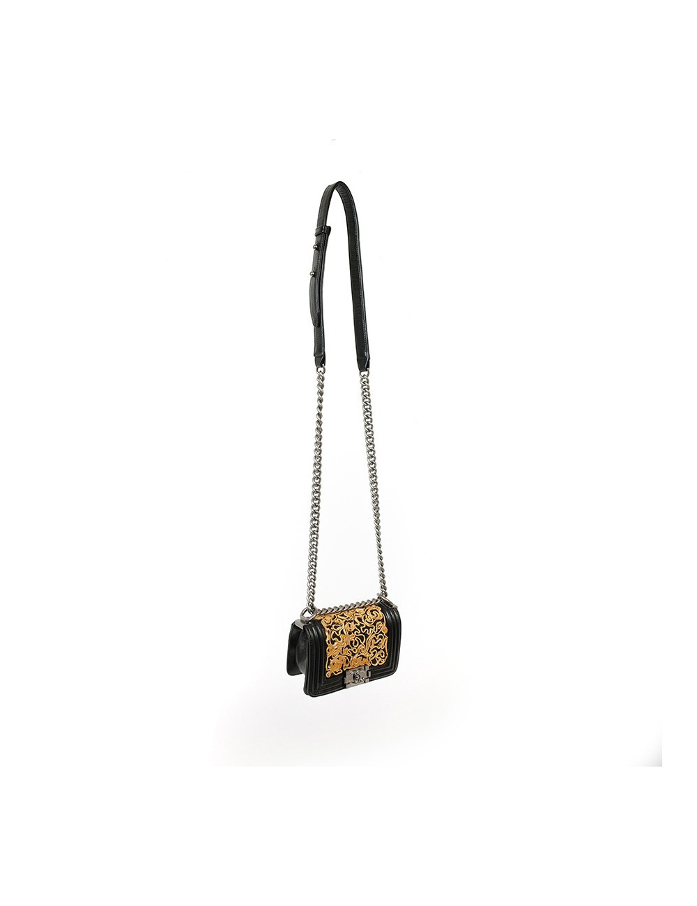 CHANEL mini Boy bag in black lambskin and golden lace