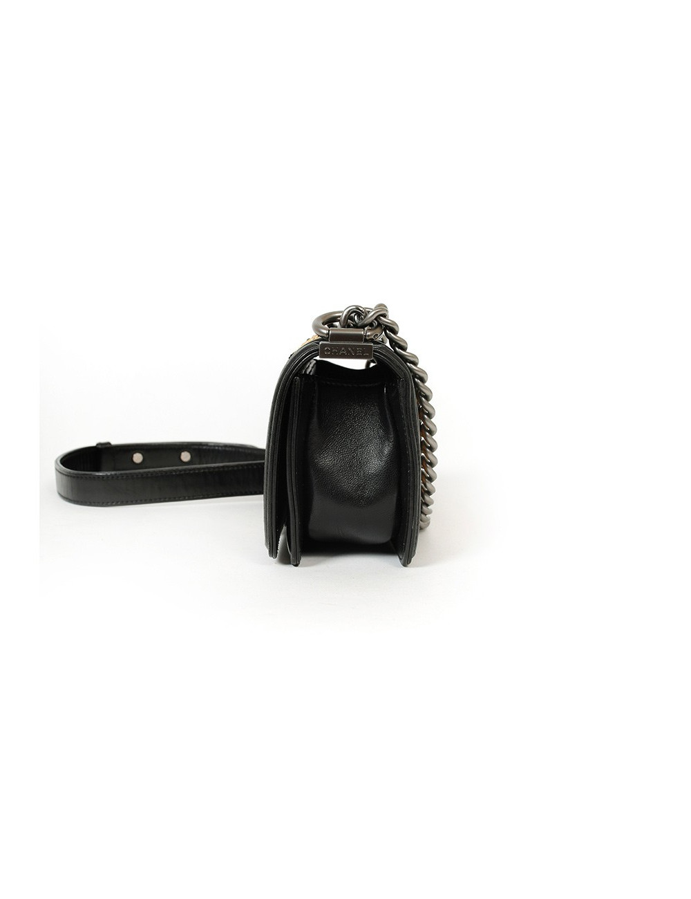 CHANEL mini Boy bag in black lambskin and golden lace