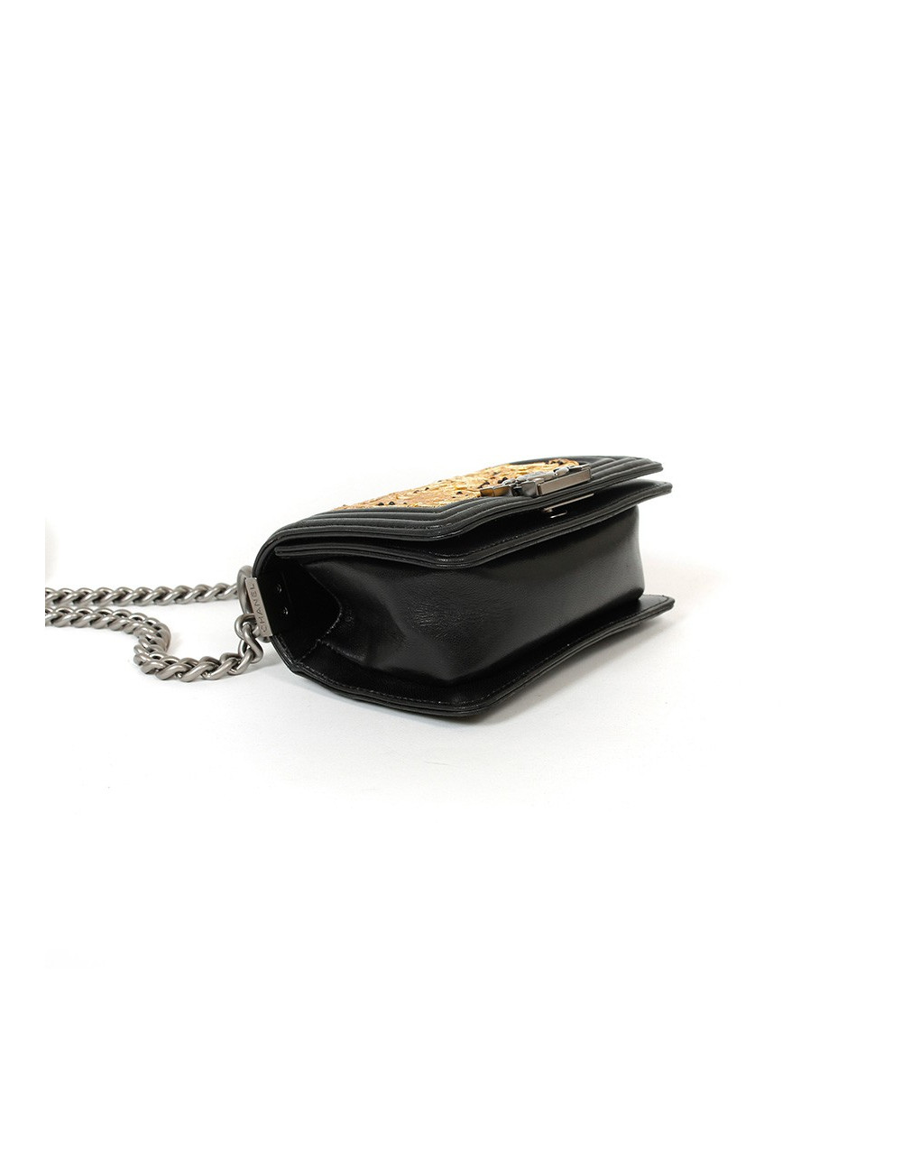 CHANEL mini Boy bag in black lambskin and golden lace