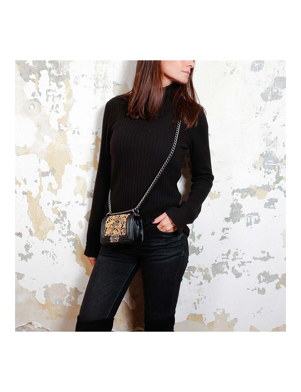 CHANEL mini Boy bag in black lambskin and golden lace