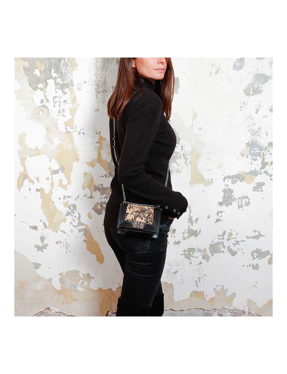 CHANEL mini Boy bag in black lambskin and golden lace