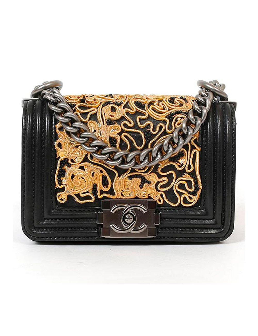 Min sac Boy CHANEL en cuir d'agneau noir et dentelle dorée