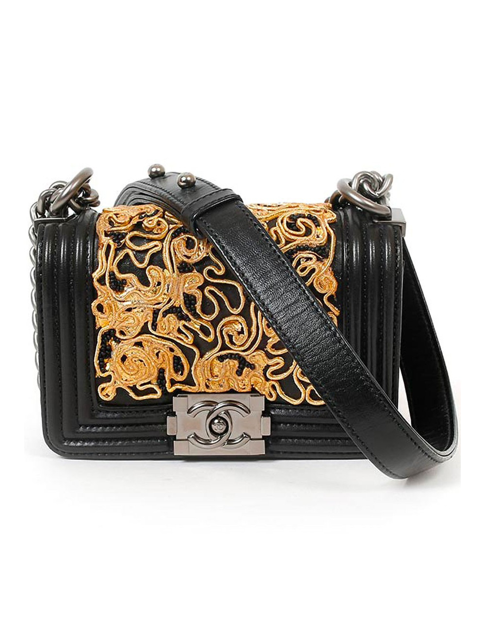 CHANEL mini Boy bag in black lambskin and golden lace