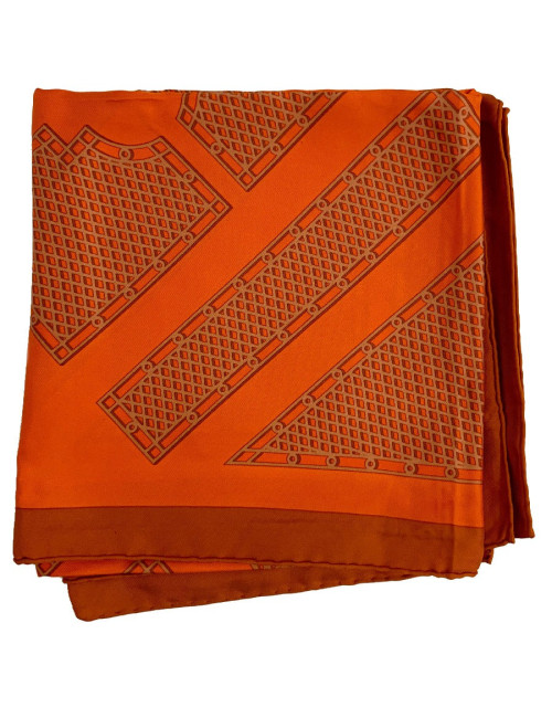 Carré HERMES "HERMES SELLIER" soie 100% orange