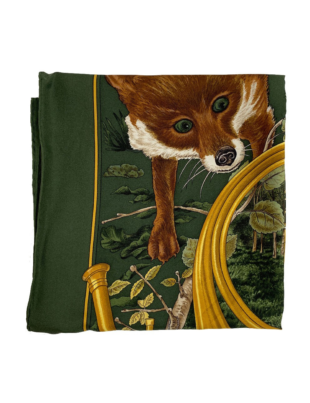 Foulard HERMES Chasse au Bois en soie vert foncé