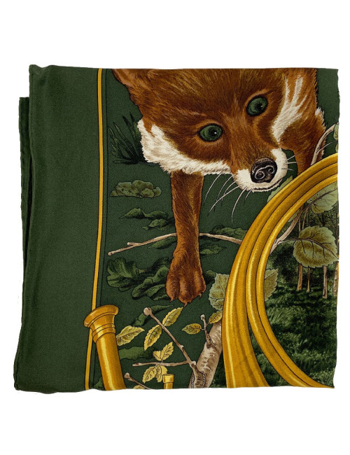 Foulard HERMES Chasse au Bois en soie vert foncé