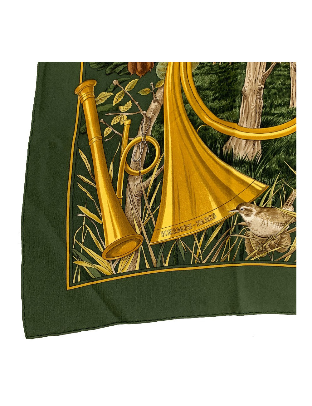 Foulard HERMES Chasse au Bois en soie vert foncé