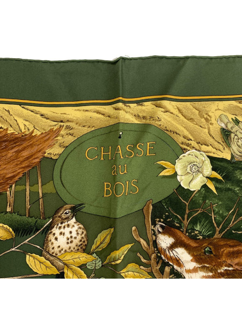 Foulard HERMES Chasse au Bois en soie vert foncé