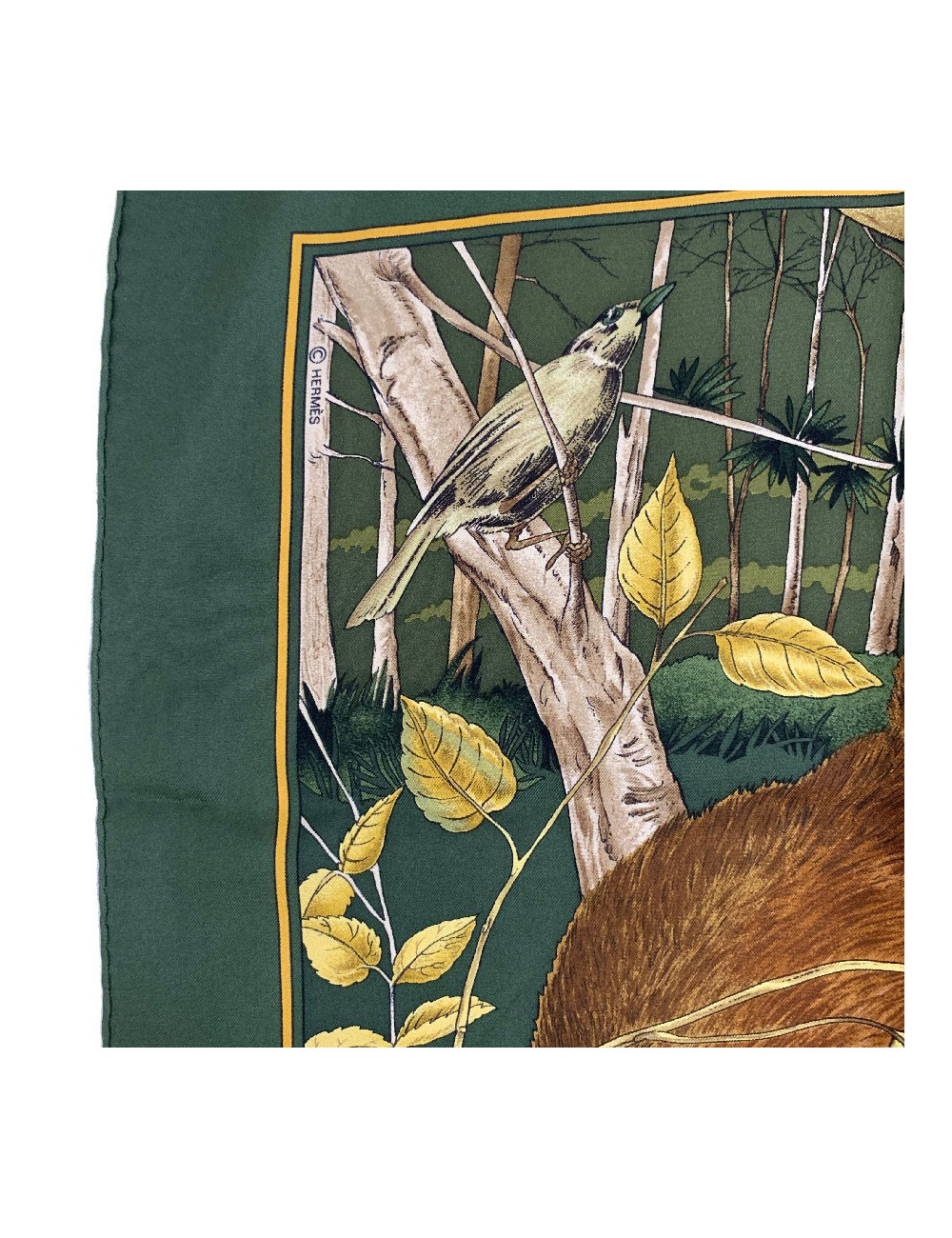 Foulard HERMES Chasse au Bois en soie vert foncé
