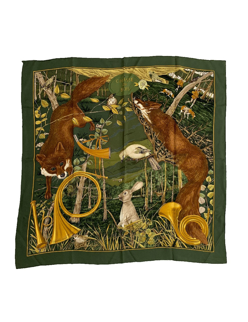 Foulard HERMES Chasse au Bois en soie vert foncé